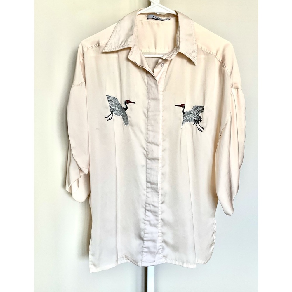 Red-Crowned Crane Embroidery Shirt w/ Split Sleeve